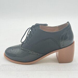 Black Lace-Up Oxfords Almond Toe Mid Chunky Heel Brogues Casual Unisex Shoes